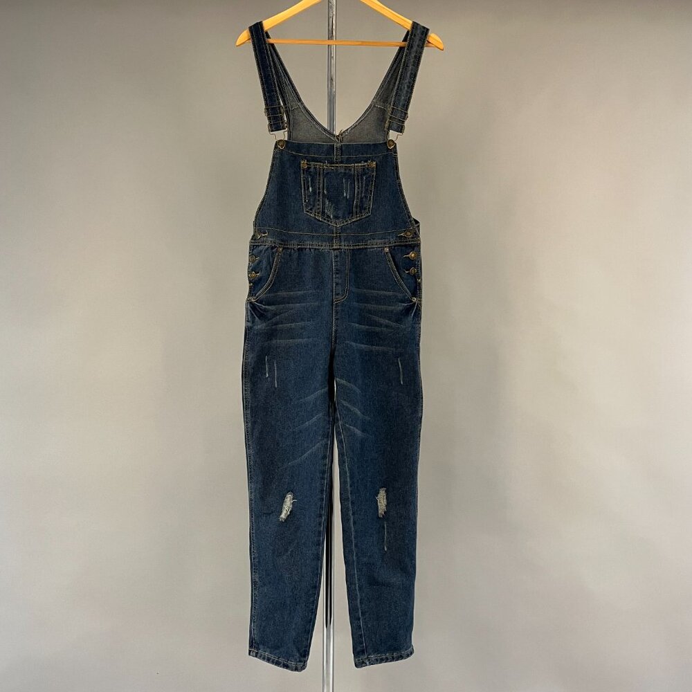 Women's Distressed Denim Overalls In Blue Size S